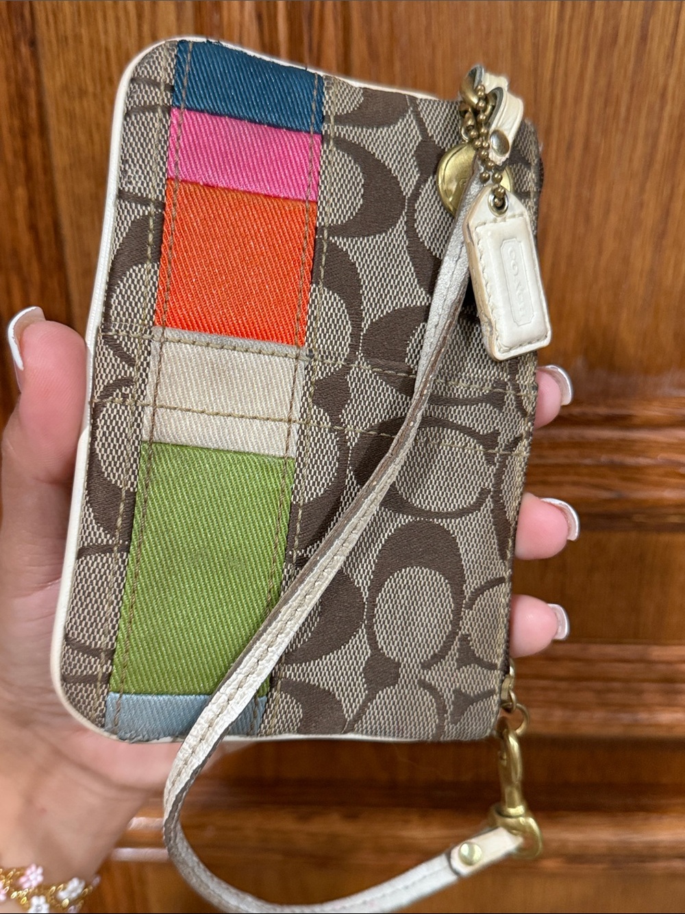 Coach Y2K Tan Signature Canvas Wristlet with Multicolor Stripe Accents - Picture 8 of 11